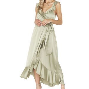 Show Me Your Mumu Samantha‎ Ruffle Green Wrap Prom Maxi Satin Bridesmaid Dress L